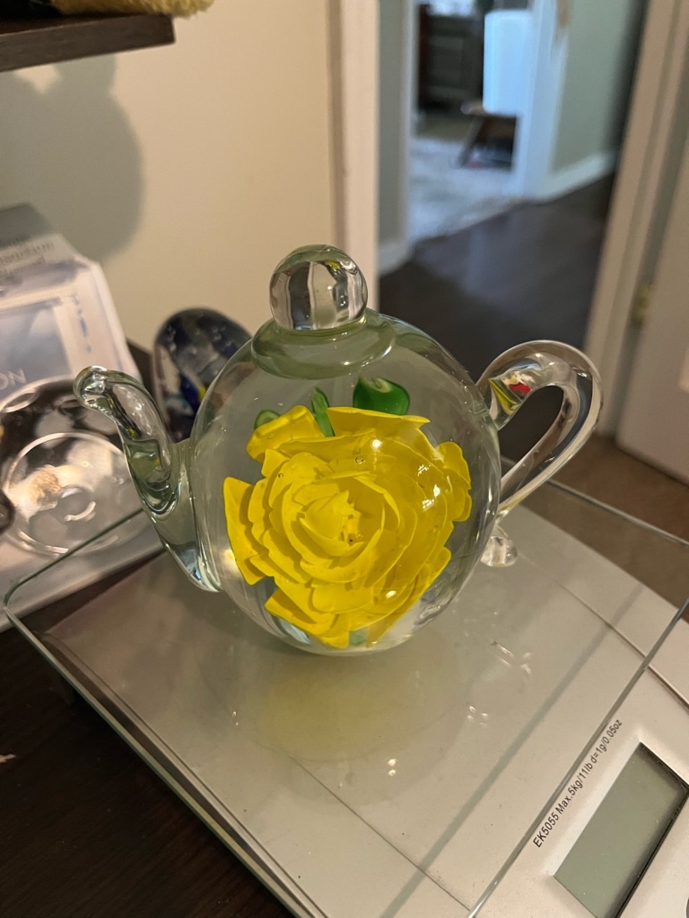 Handblown Glass Teapot Paperweight with Yellow Rose